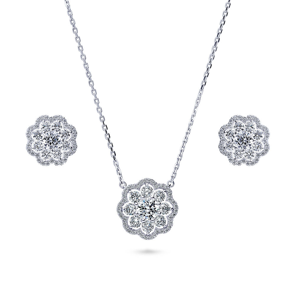 Flower Halo CZ Necklace and Earrings Set in Sterling Silver, 1 of 14