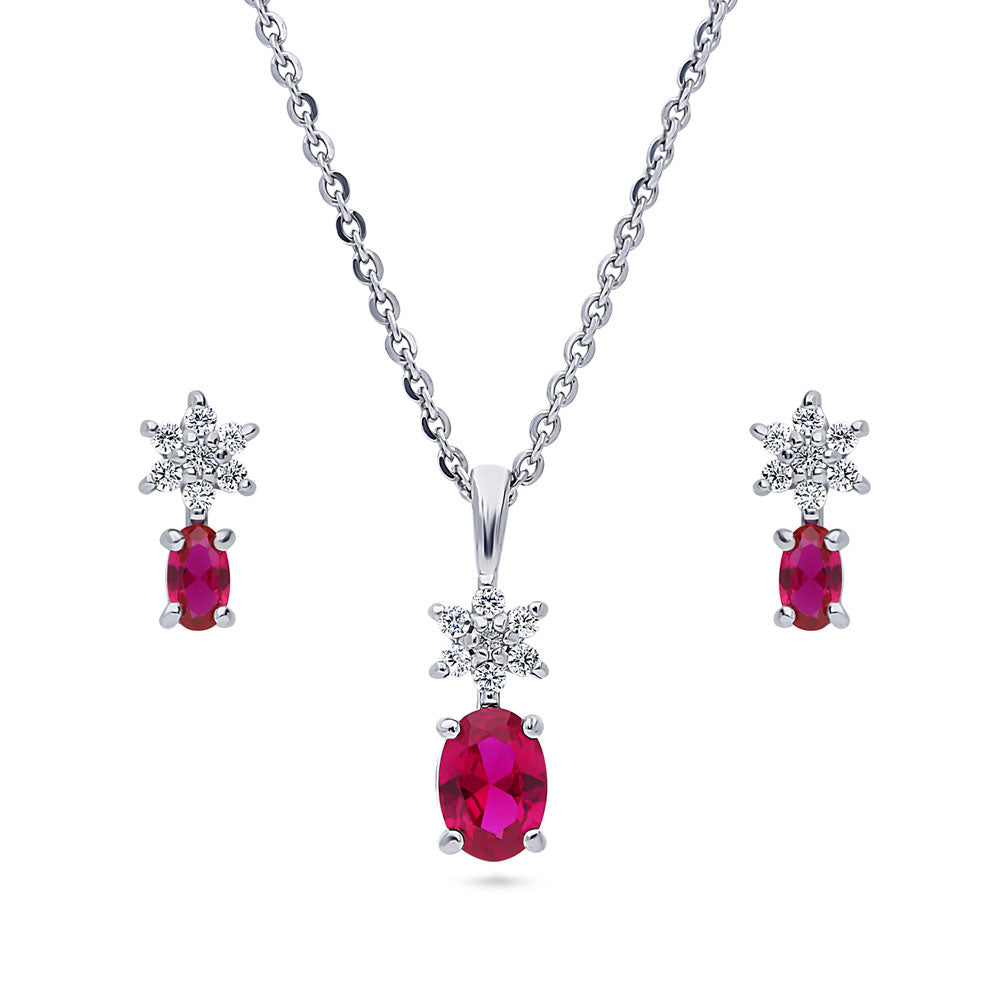 Flower Simulated Ruby CZ Necklace and Earrings Set in Sterling Silver