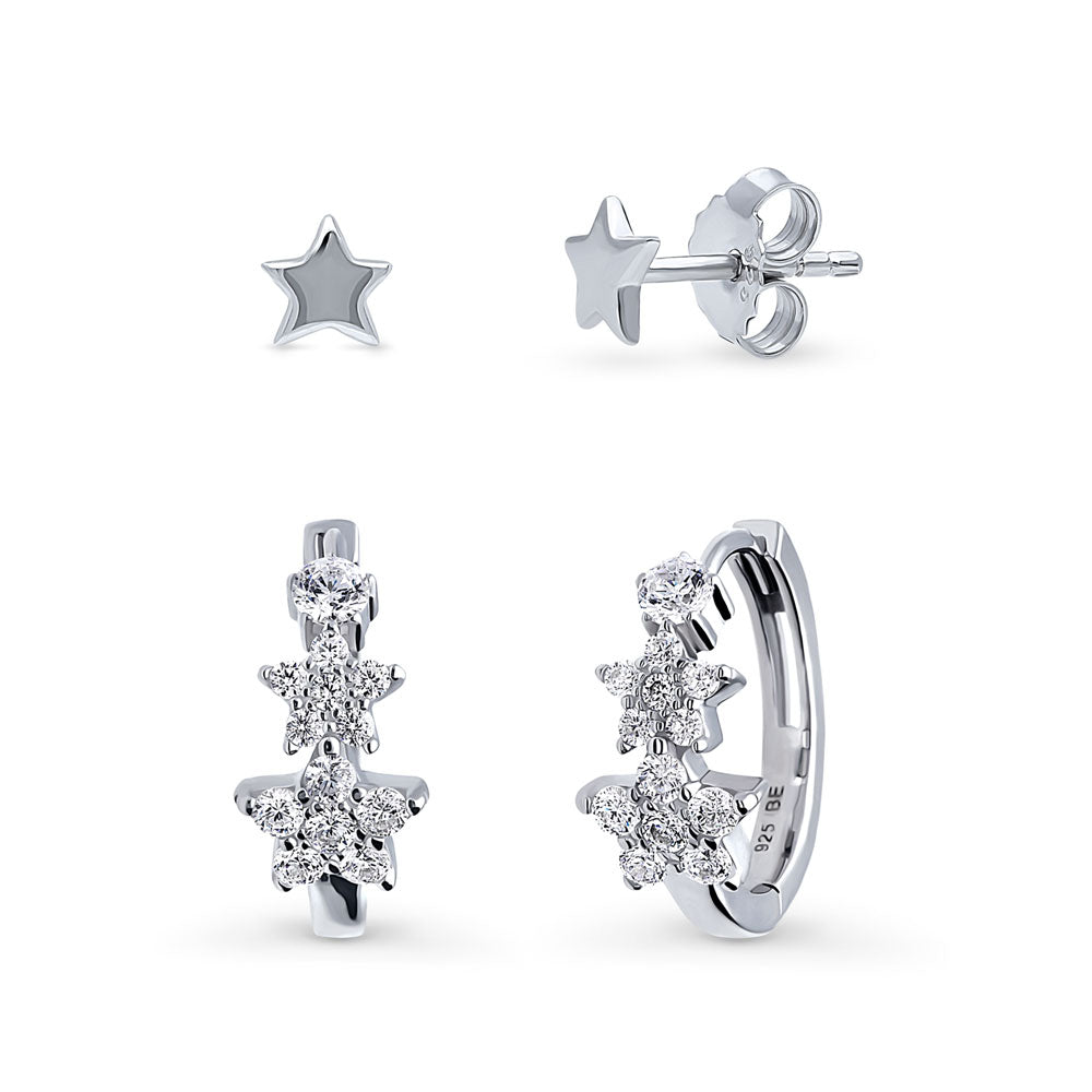 Star CZ 2 Pairs Hoop and Stud Earrings Set in Sterling Silver