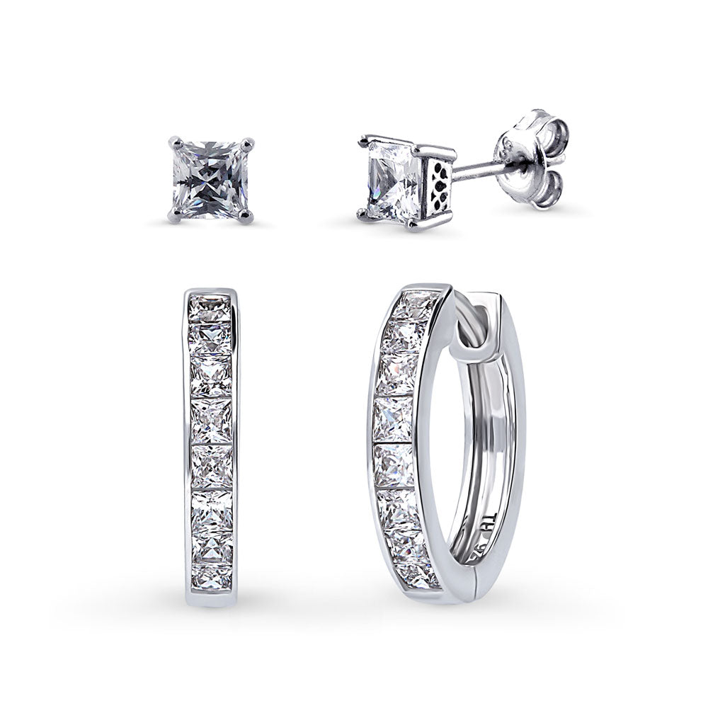 Bar Solitaire CZ 2 Pairs Hoop and Stud Earrings Set in Sterling Silver, 1 of 11