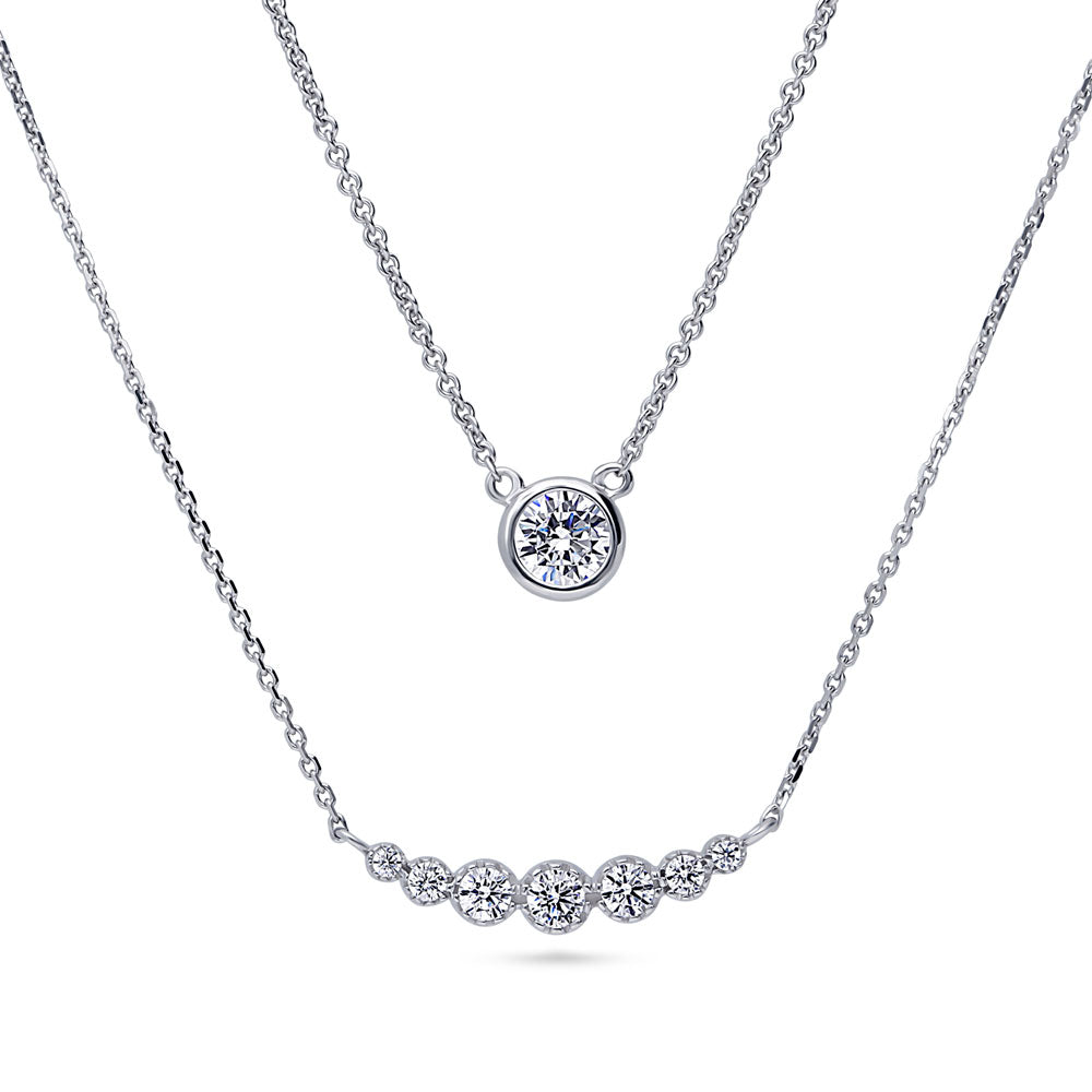 Solitaire Bubble Bar CZ Layered Necklace Set in Sterling Silver