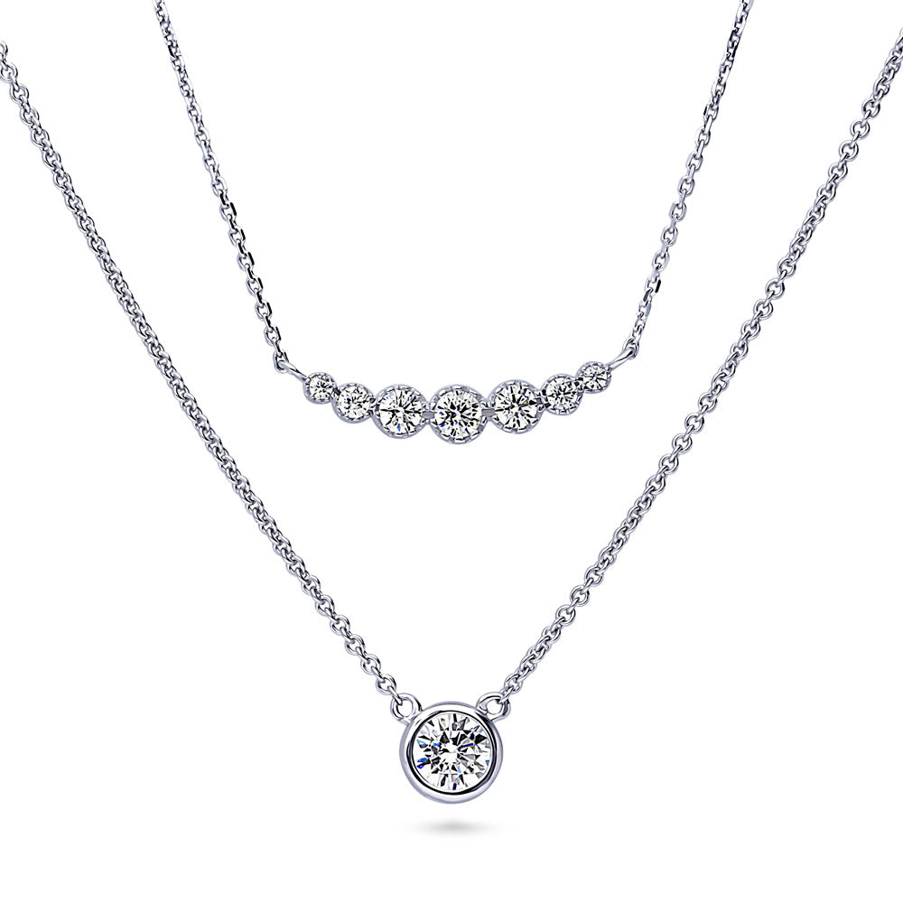 Solitaire Bubble Bar CZ Layered Necklace Set in Sterling Silver