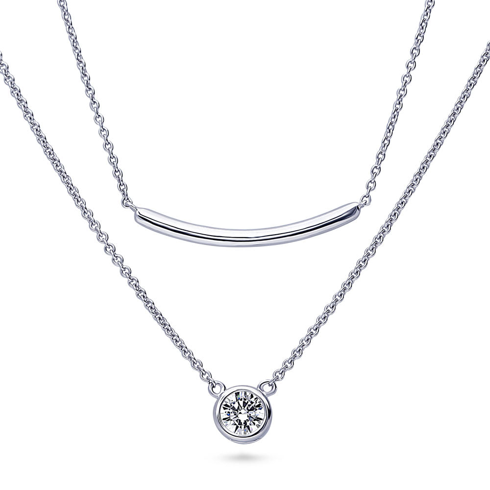 Front view of Bar Solitaire Bezel Set CZ Pendant Necklace in Sterling Silver, 2 Piece