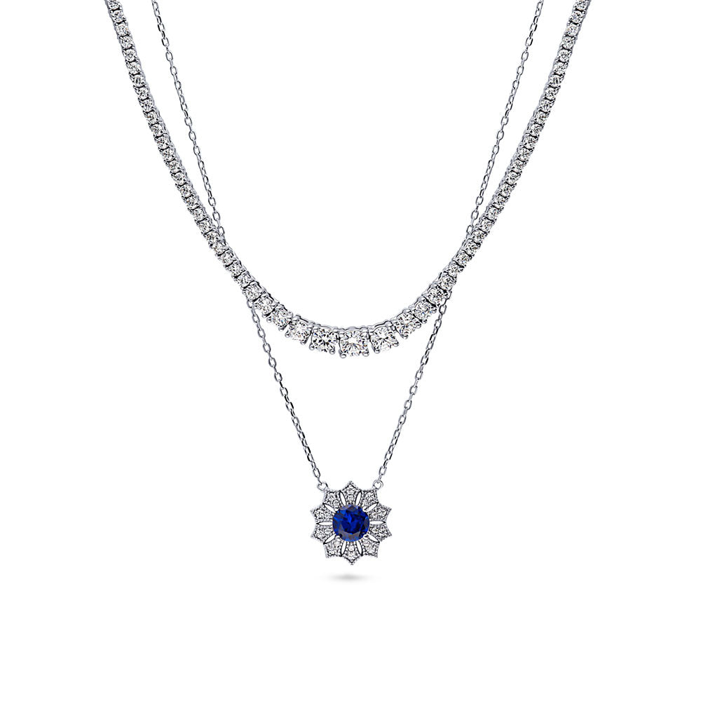 Front view of Flower Blue CZ Pendant And Tennis Necklace Set in Sterling Silver