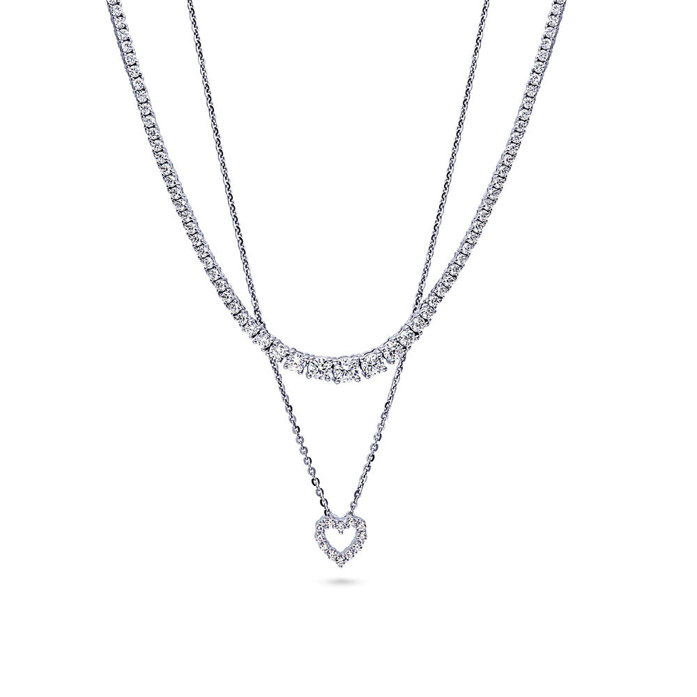 Front view of Graduated CZ Pendant And Tennis Necklace Set in Sterling Silver