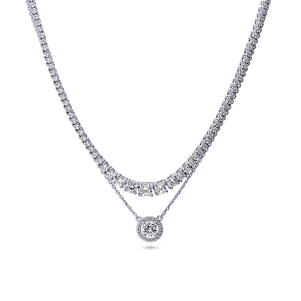 Graduated Halo CZ Pendant And Tennis Necklace Set in Sterling Silver