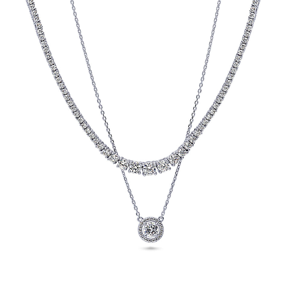 Front view of Graduated Halo CZ Pendant And Tennis Necklace Set in Sterling Silver