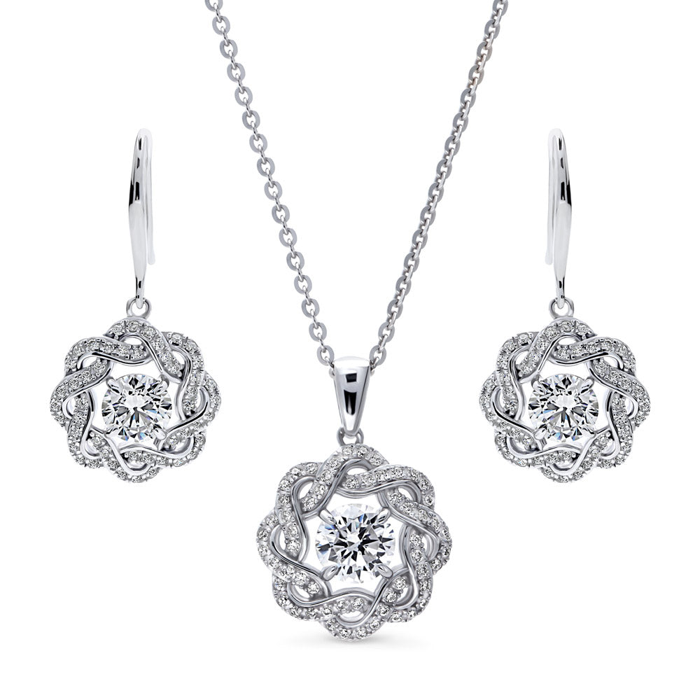 Flower Ribbon CZ Necklace and Earrings Set in Sterling Silver