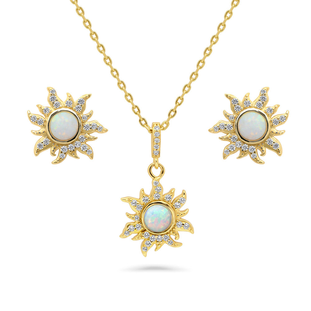 Halo Sun Simulated Opal Round CZ Set in Gold Flashed Sterling Silver, 1 of 12