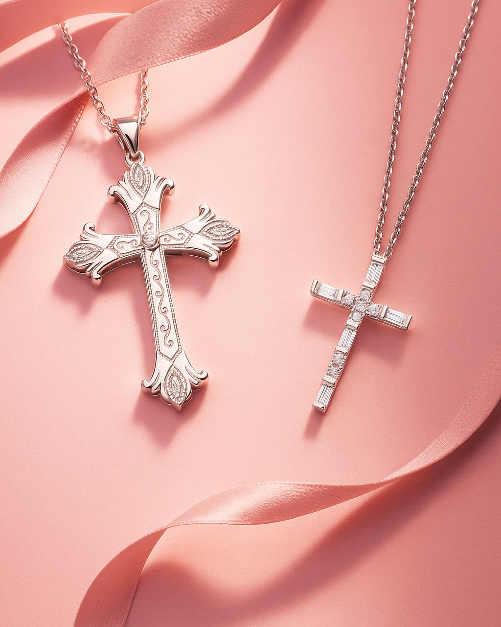 Two silver cross necklaces on a pink fabric background