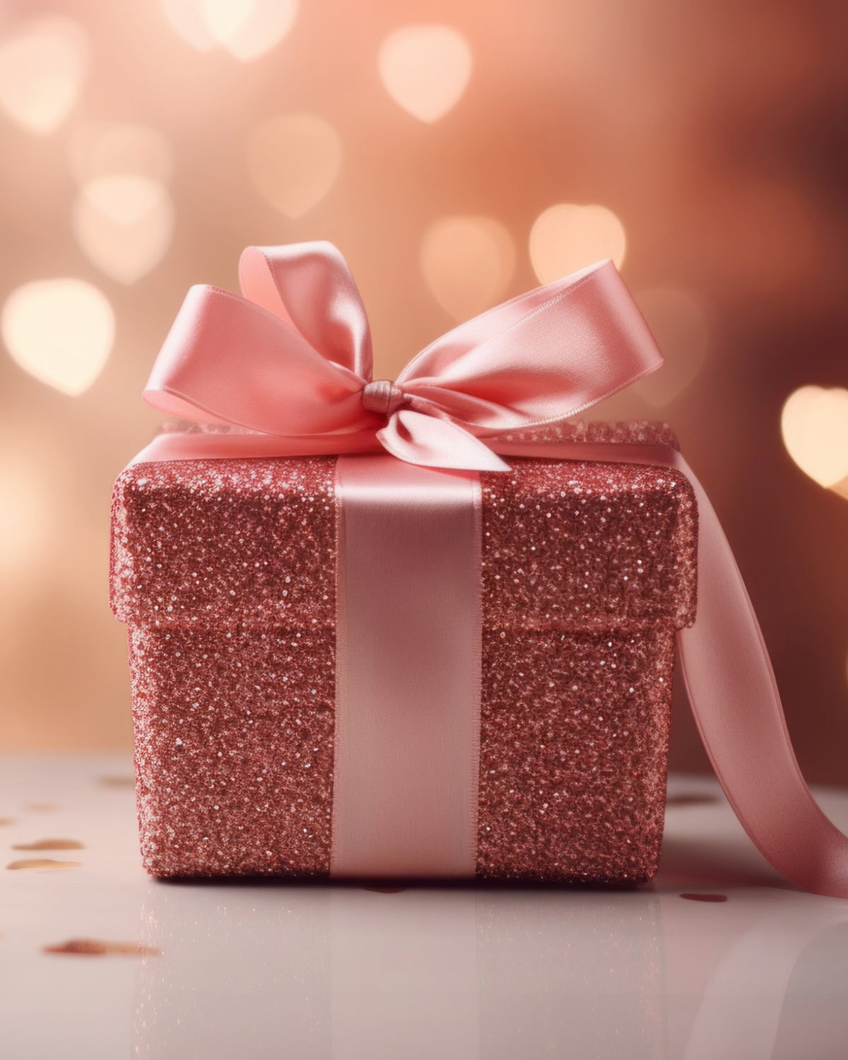 Glittery pink gift box with a pink ribbon on a blurred background