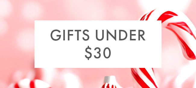 Promotional banner with 'Gifts Under $30' text and candy canes on a pink background