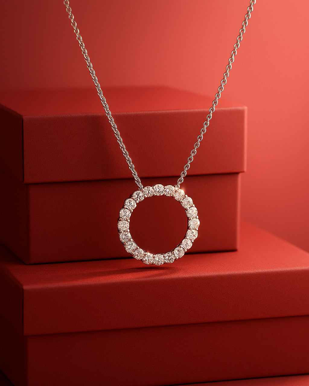 Silver necklace with a circular pendant on a red background