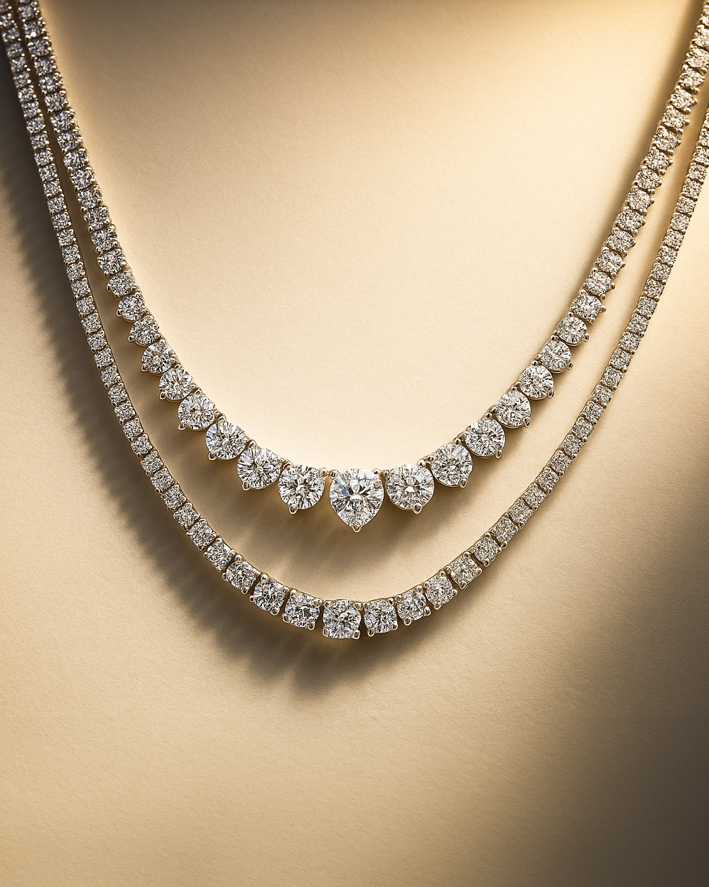 Tennis necklaces on a beige background
