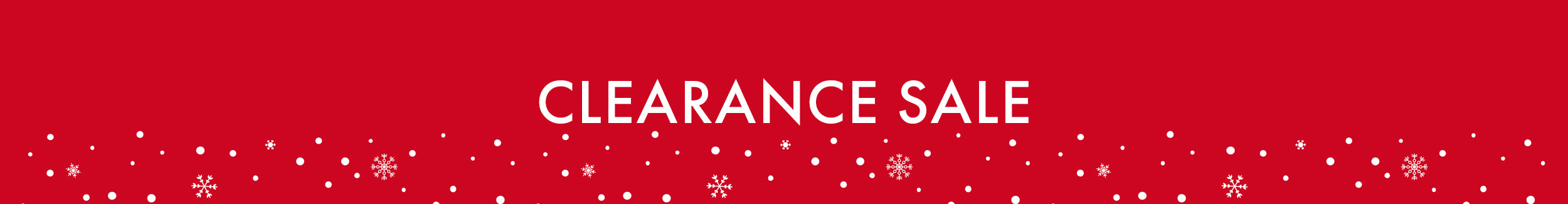 Red clearance sale banner with white text and snowflake decorations