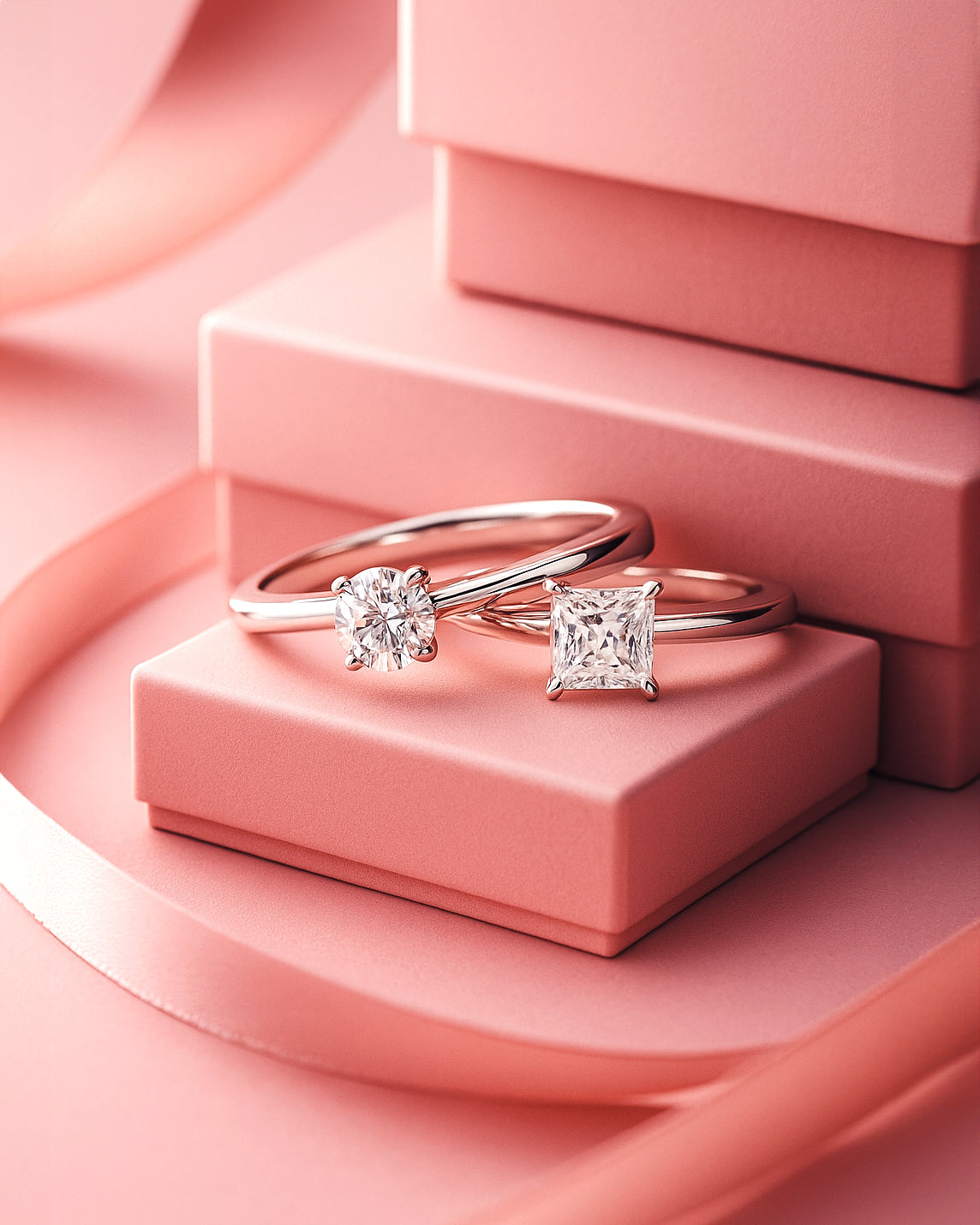 Two silver rings on a pink surface