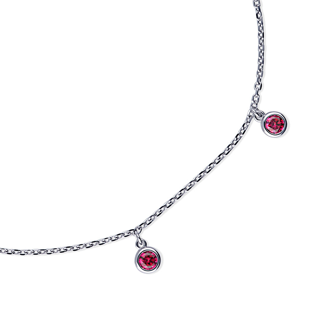 Front view of CZ Cable Chain Charm Anklet in Sterling Silver, Red Color
