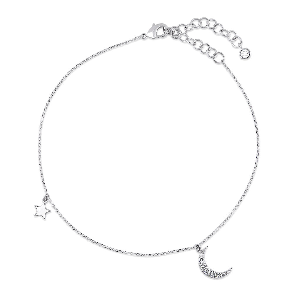 Crescent Moon Star CZ Rolo Chain Charm Anklet, Silver-tone