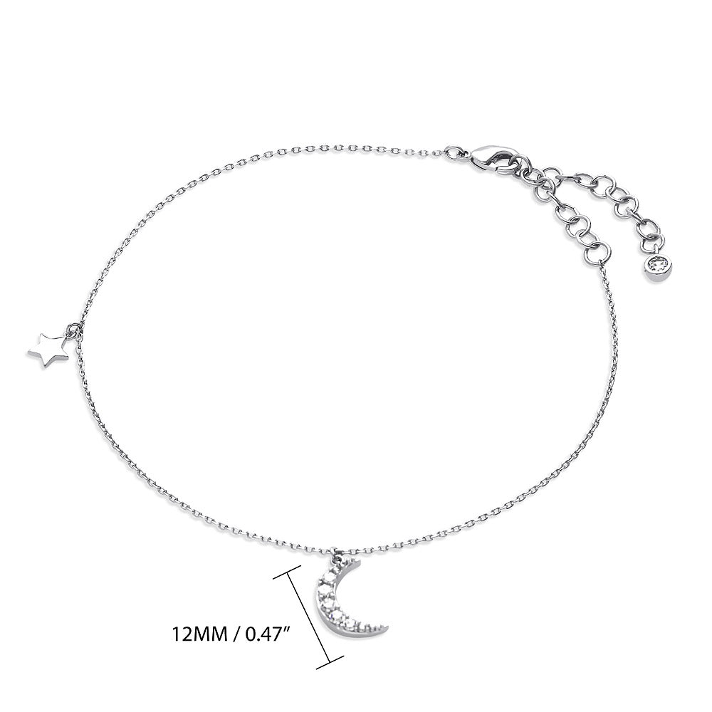 Front view of Crescent Moon Star CZ Rolo Chain Charm Anklet, Silver-tone