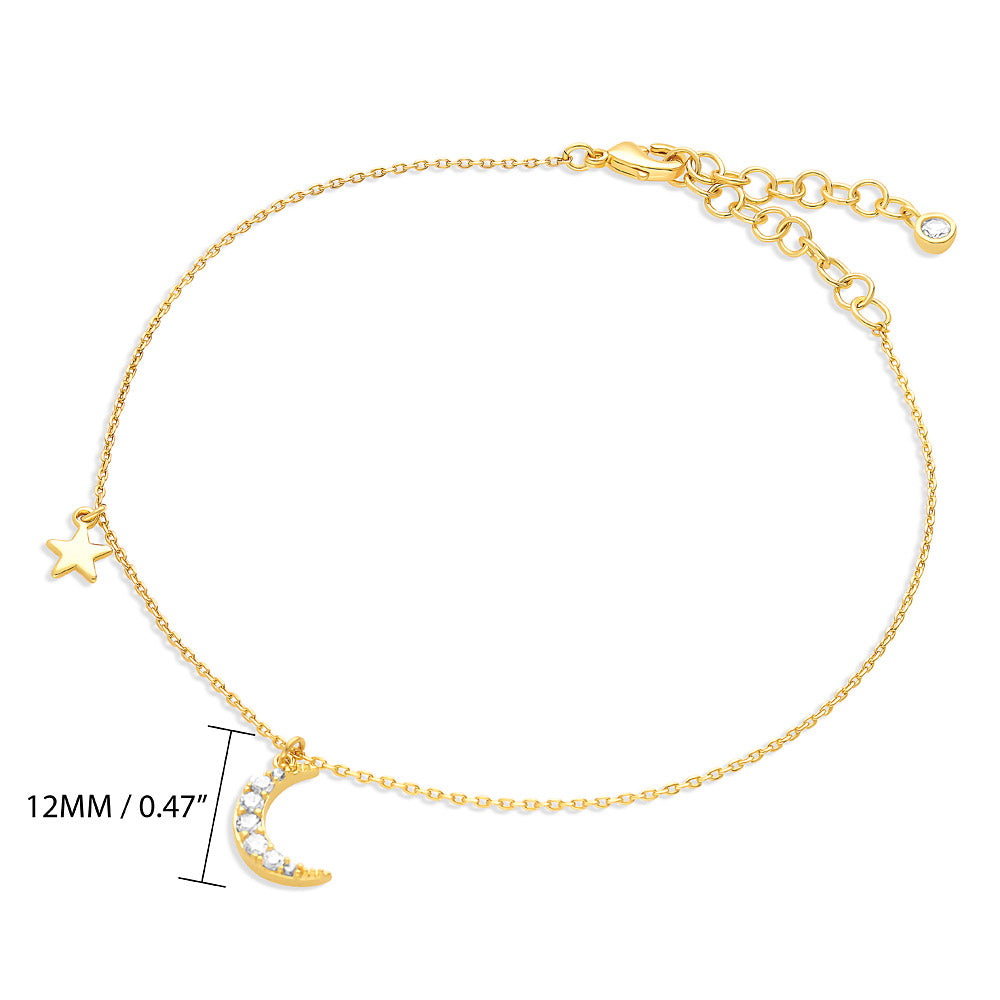 Front view of Crescent Moon Star CZ Rolo Chain Charm Anklet, Gold-tone