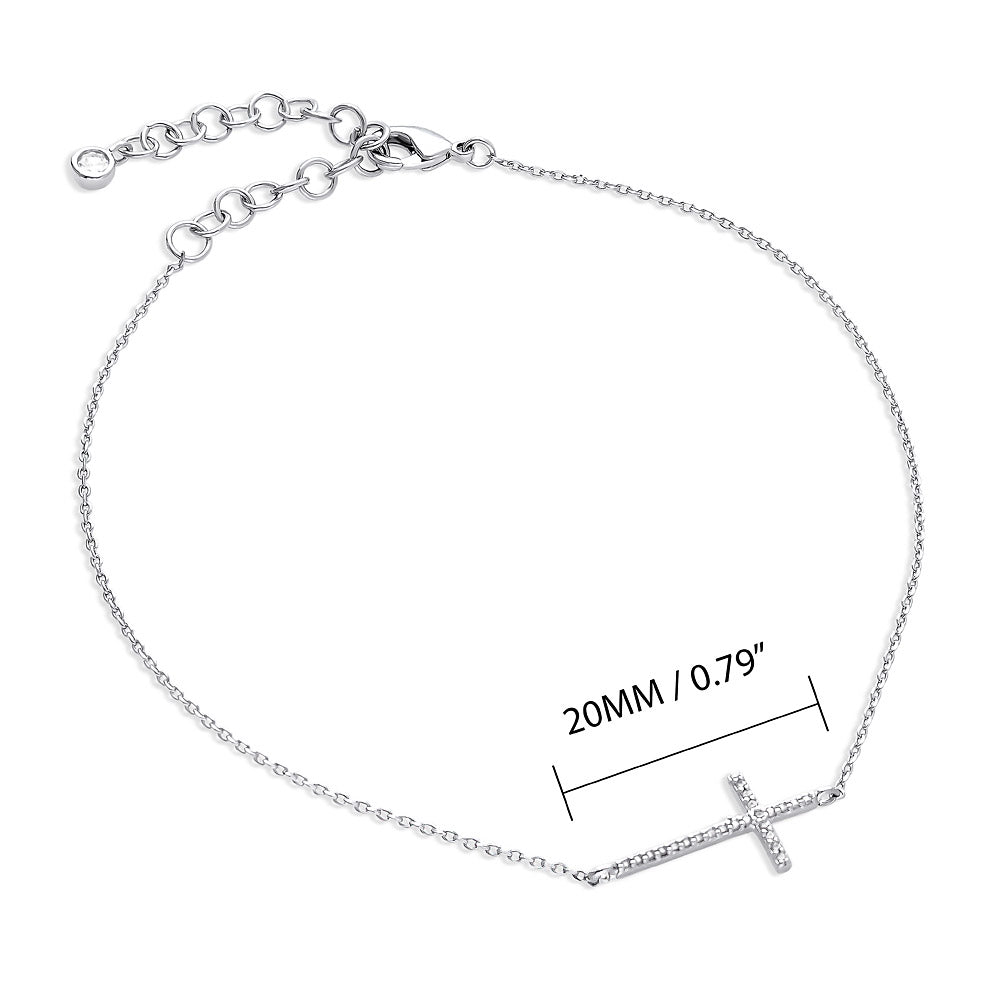 Front view of Sideways Cross CZ Rolo Chain Charm Anklet, Silver-tone