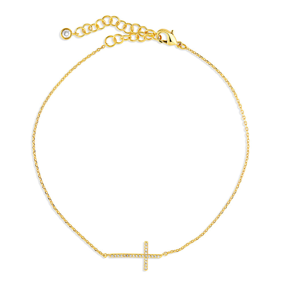 Sideways Cross CZ Rolo Chain Charm Anklet