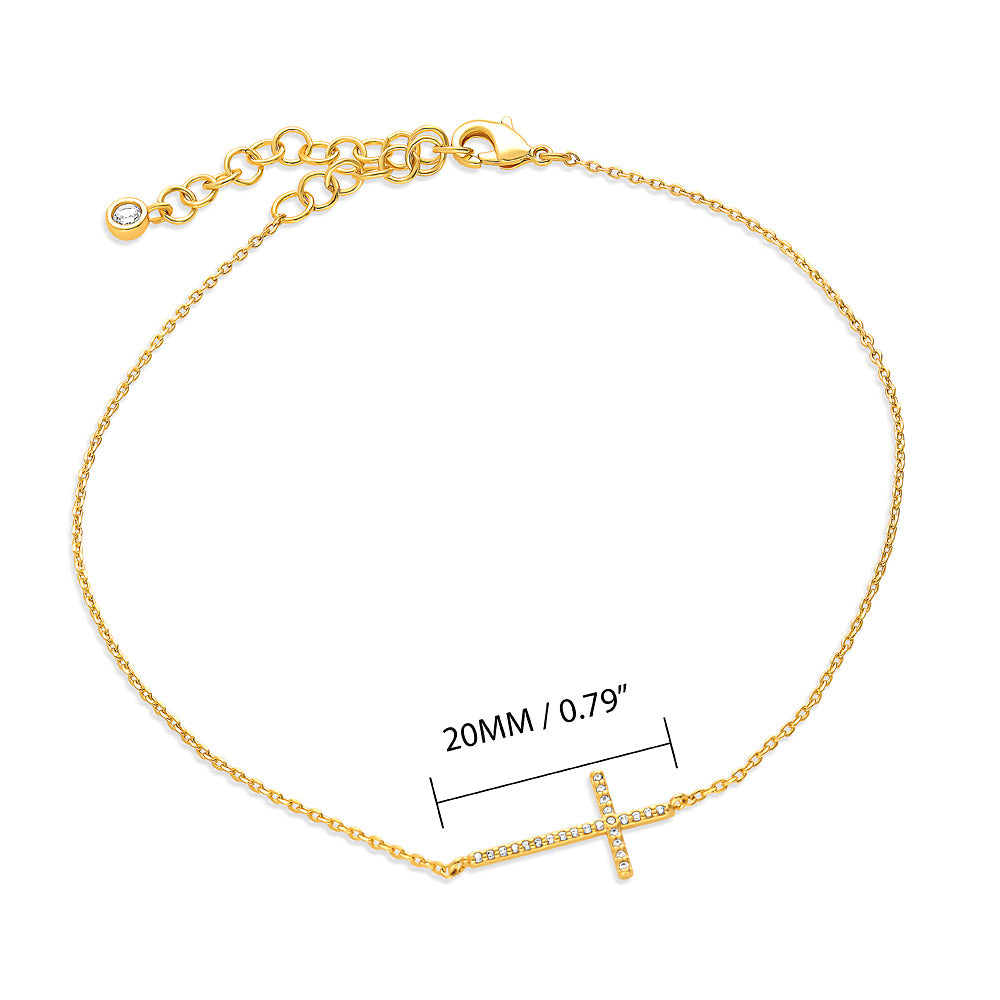 Front view of Sideways Cross CZ Rolo Chain Charm Anklet, Gold-tone