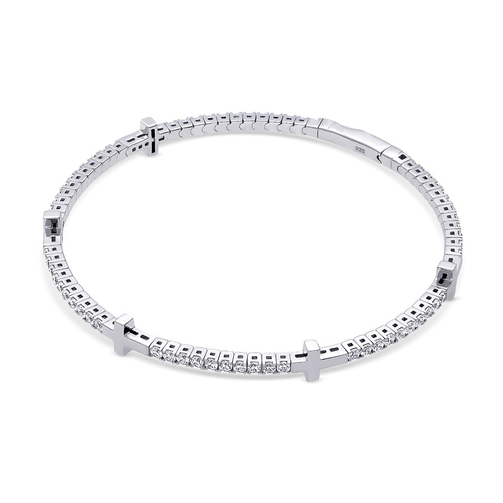Angle view of Flexible Cross CZ Bangle in Sterling Silver, 4 of 8
