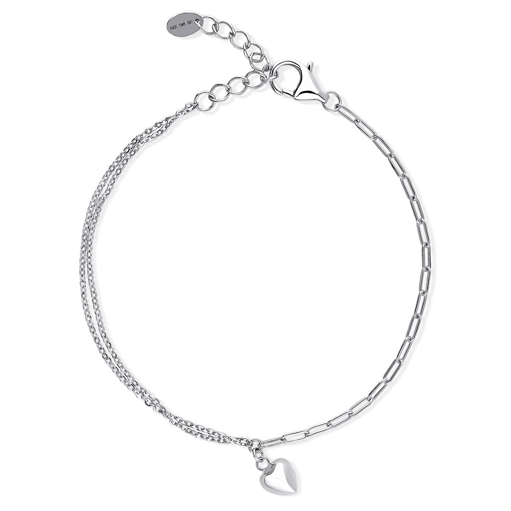 Heart Paperclip Charm Bracelet in Sterling Silver, Rhodium Plated