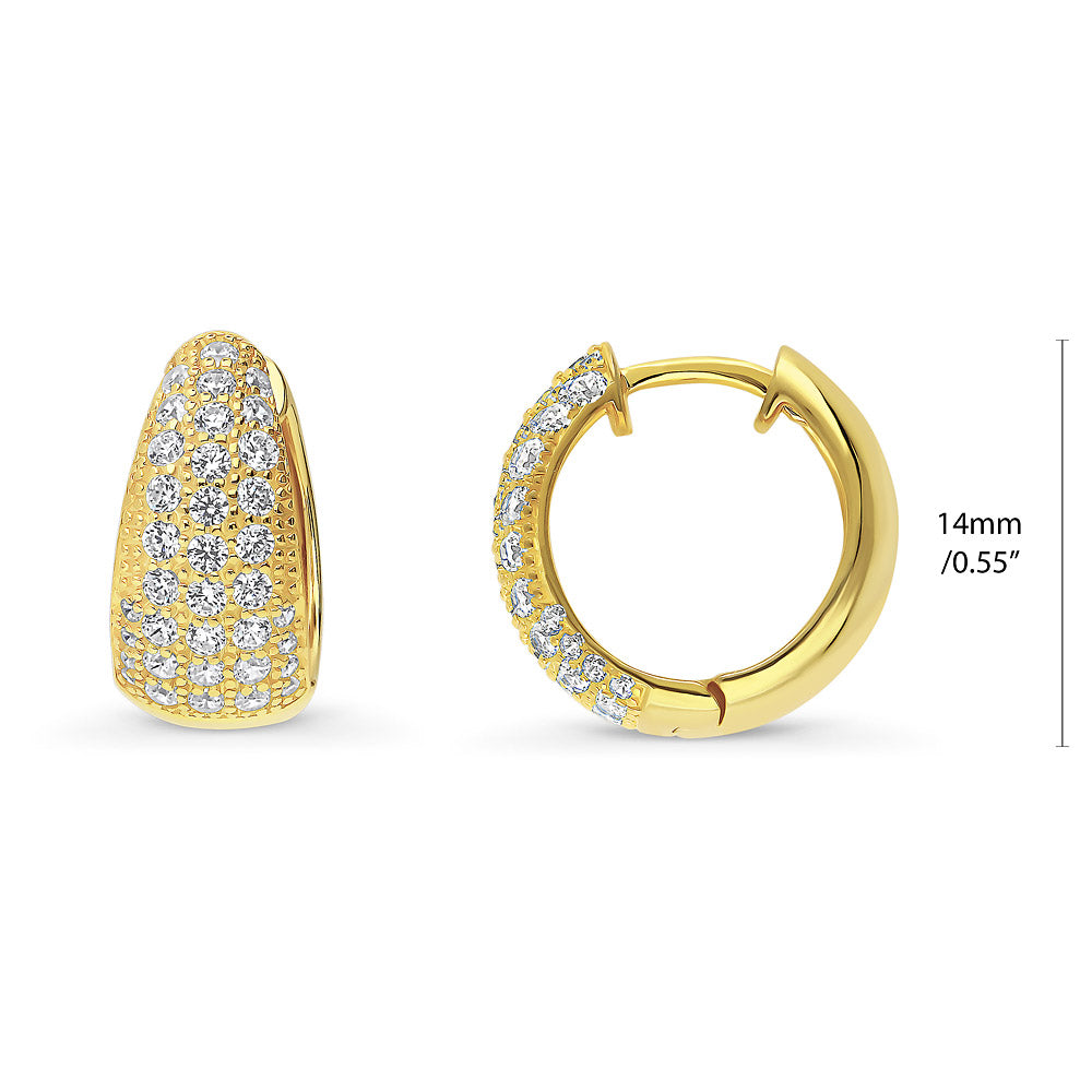 Front view of Dome CZ Small Huggie Earrings in Sterling Silver 0.6 inch, Yellow Gold Flashed, Cubic Zirconia