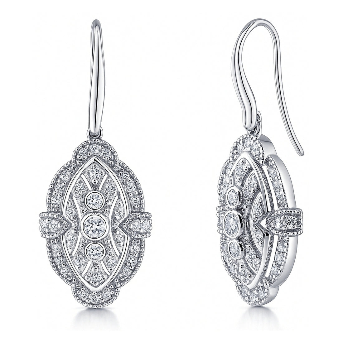 Art Deco Milgrain CZ Fish Hook Earrings in Sterling Silver