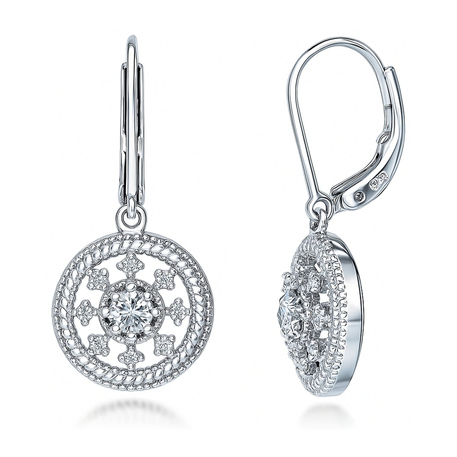 Medallion Milgrain CZ Leverback Earrings in Sterling Silver, 1 of 3