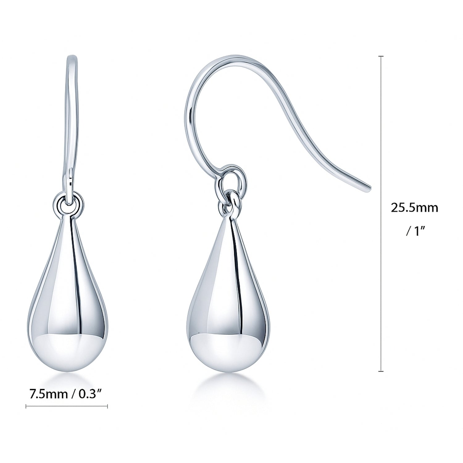 Teardrop Fish Hook Earrings in Sterling Silver, Rhodium Plated