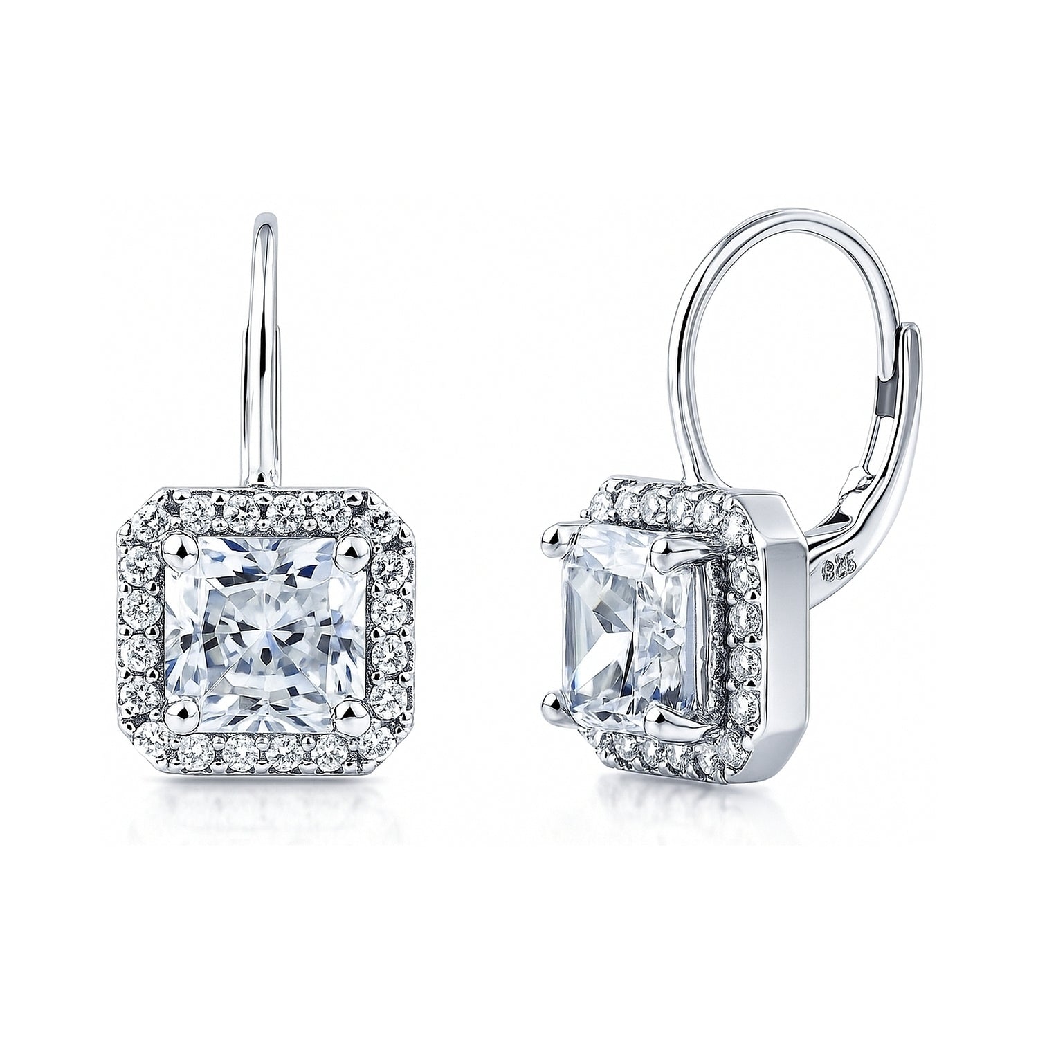 Halo Princess CZ Leverback Earrings in Sterling Silver, 1 of 3