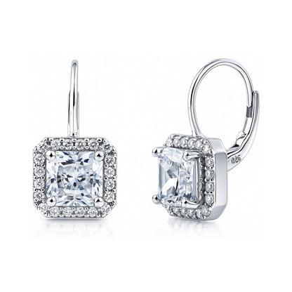 Halo Princess CZ Leverback Earrings in Sterling Silver