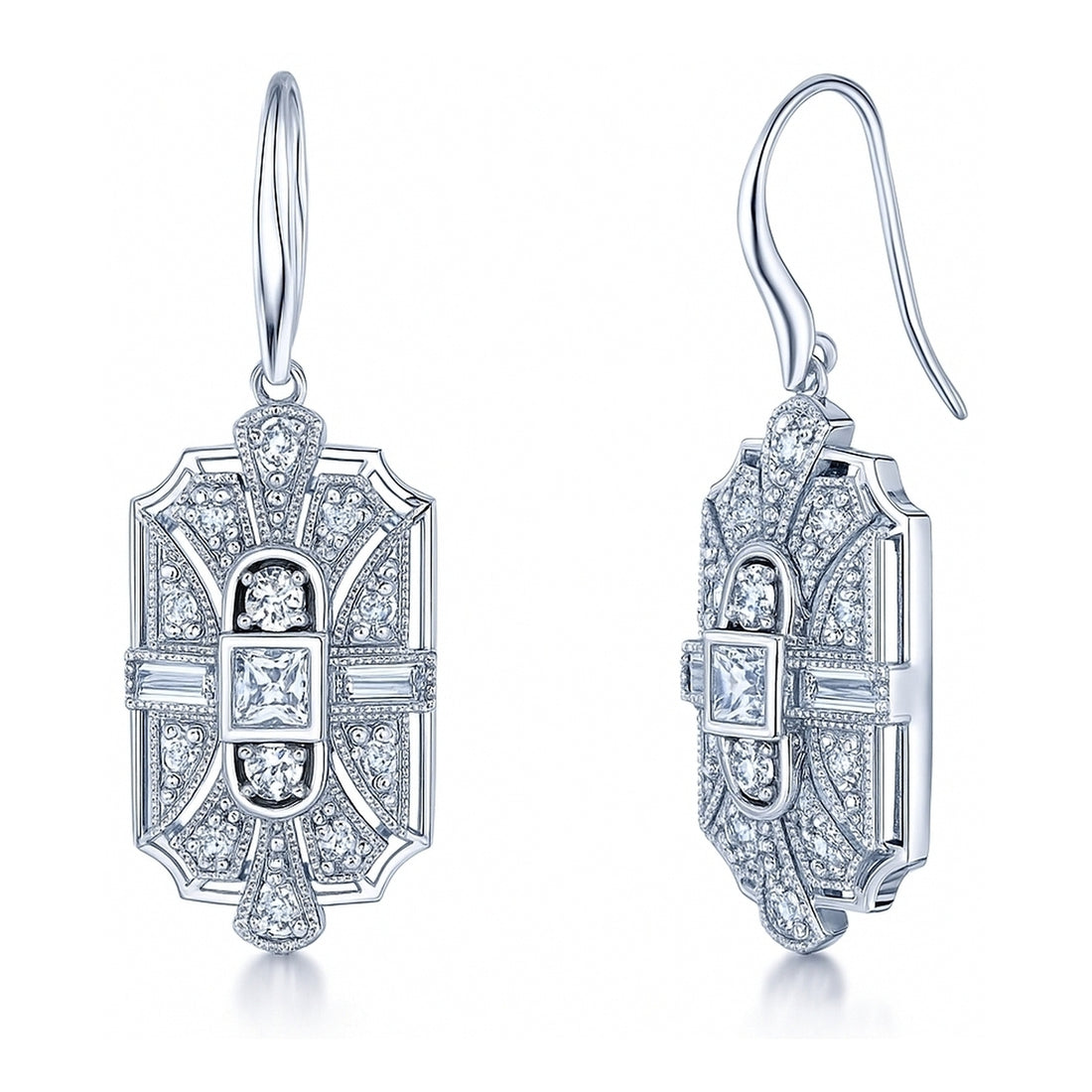 Art Deco Milgrain CZ Fish Hook Earrings in Sterling Silver