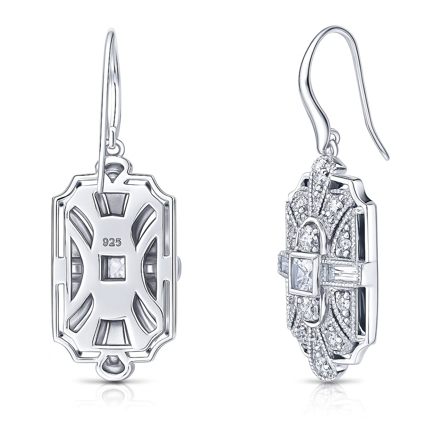Art Deco Milgrain CZ Fish Hook Earrings in Sterling Silver, 4 of 6