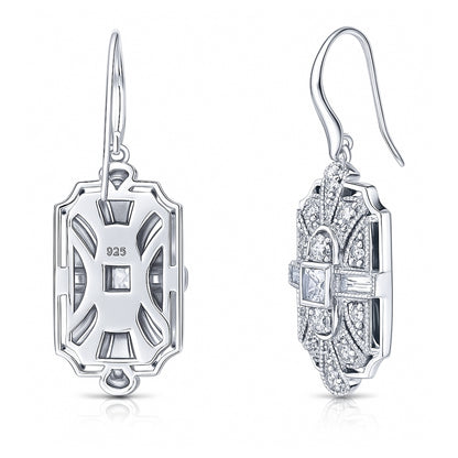 Art Deco Milgrain CZ Fish Hook Earrings in Sterling Silver