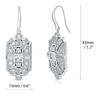 Art Deco Milgrain CZ Fish Hook Earrings in Sterling Silver