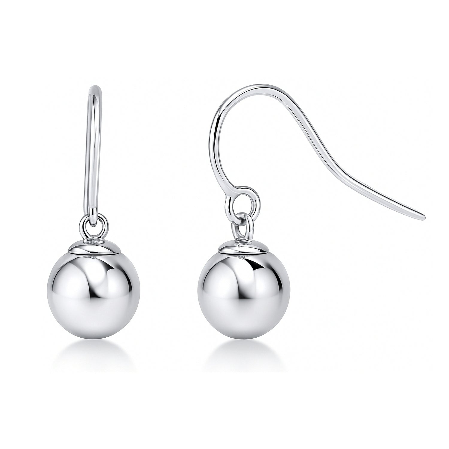 Ball Bead Fish Hook Earrings in Sterling Silver, Rhodium Plated