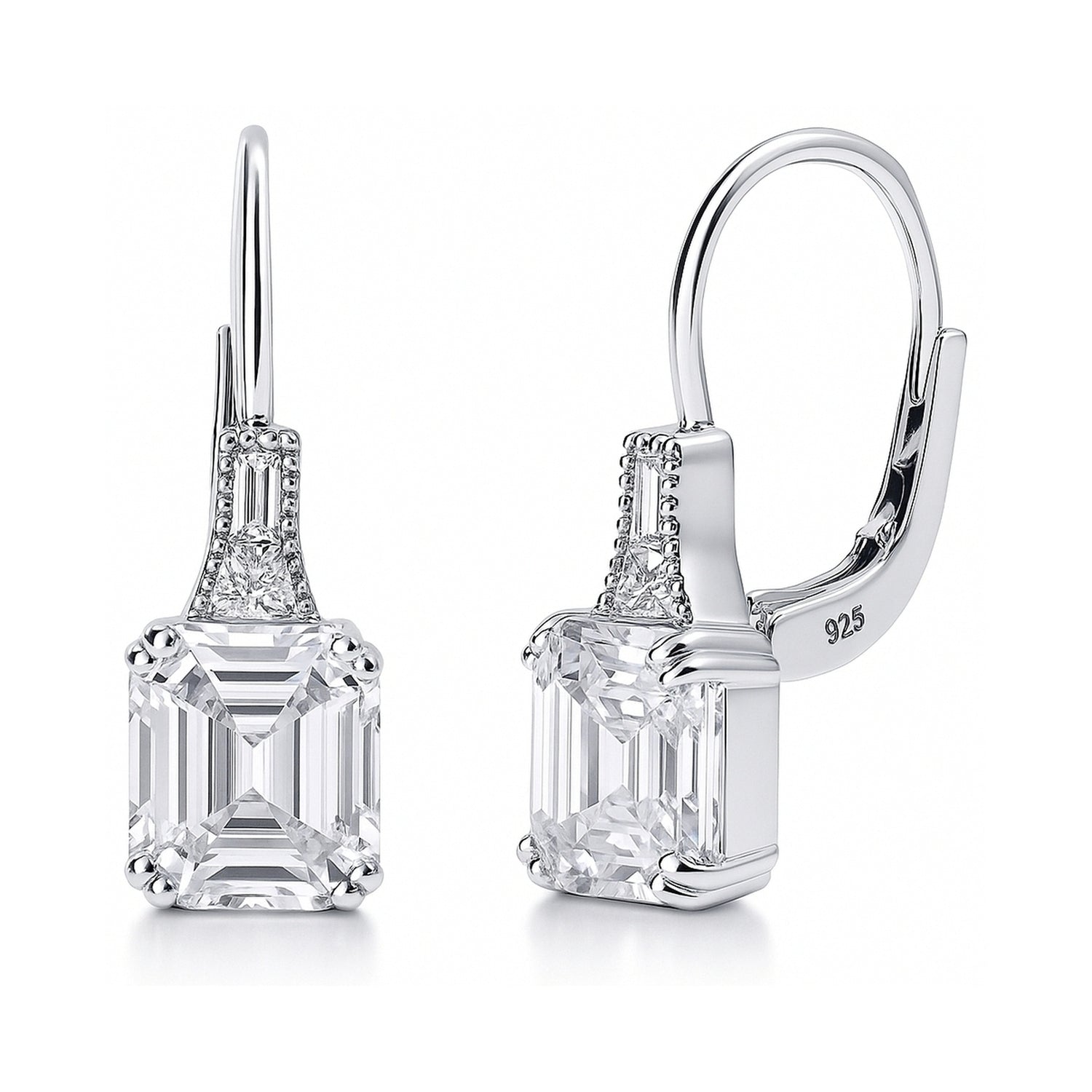 Solitaire 4ct Asscher CZ Leverback Earrings in Sterling Silver