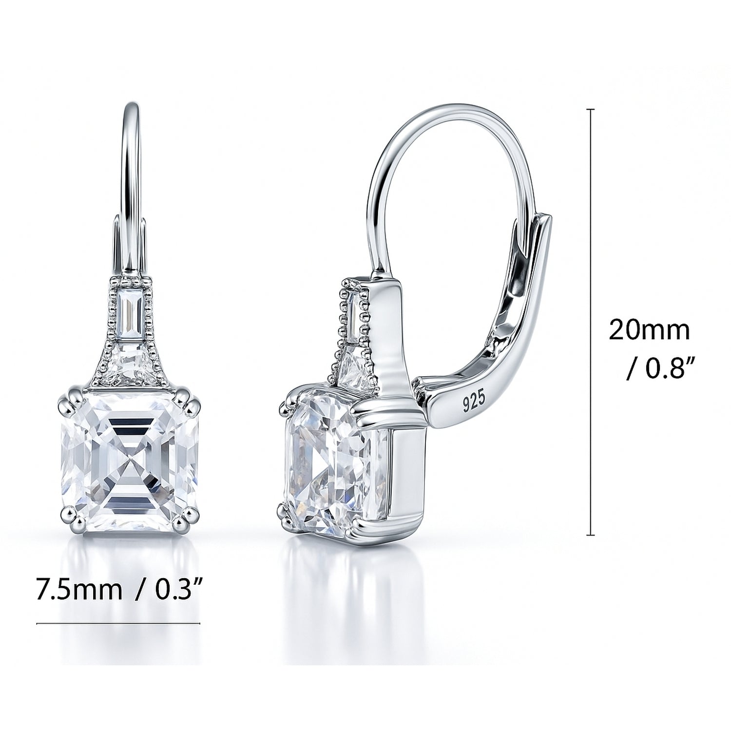 Solitaire 4ct Asscher CZ Leverback Earrings in Sterling Silver, 3 of 4