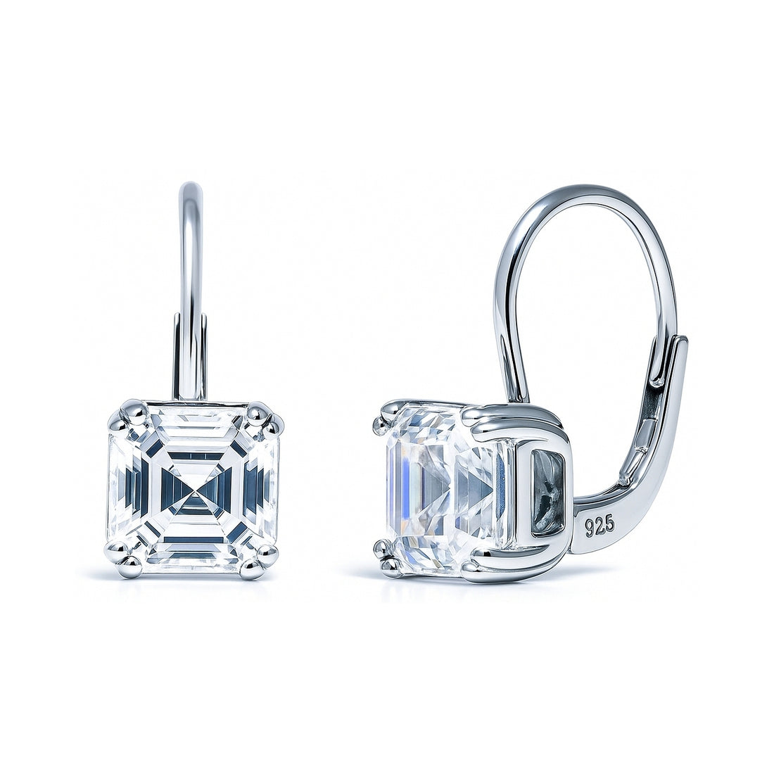 Solitaire 4ct Asscher CZ Leverback Earrings in Sterling Silver