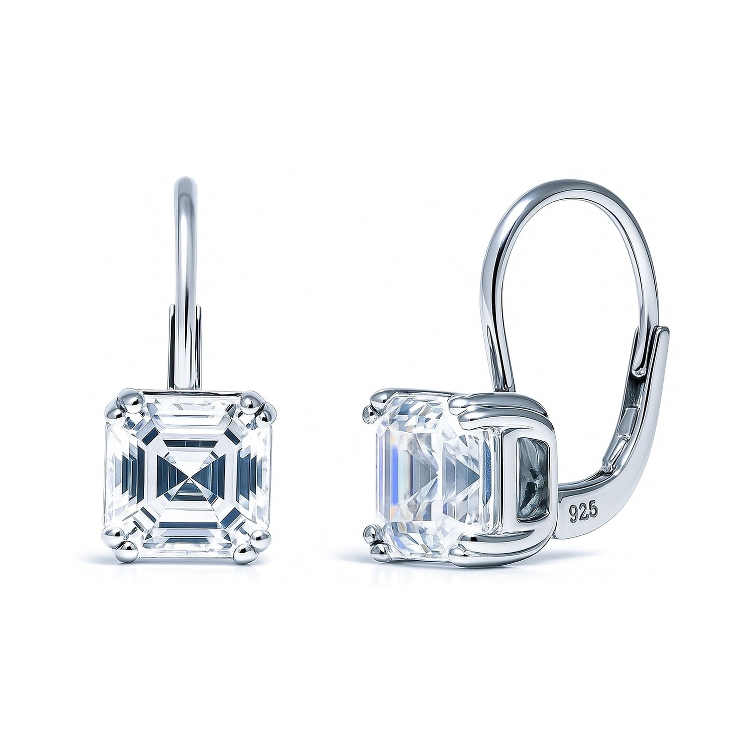 Solitaire 4ct Asscher CZ Leverback Earrings in Sterling Silver, 1 of 4