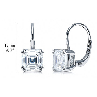 Solitaire 4ct Asscher CZ Leverback Earrings in Sterling Silver