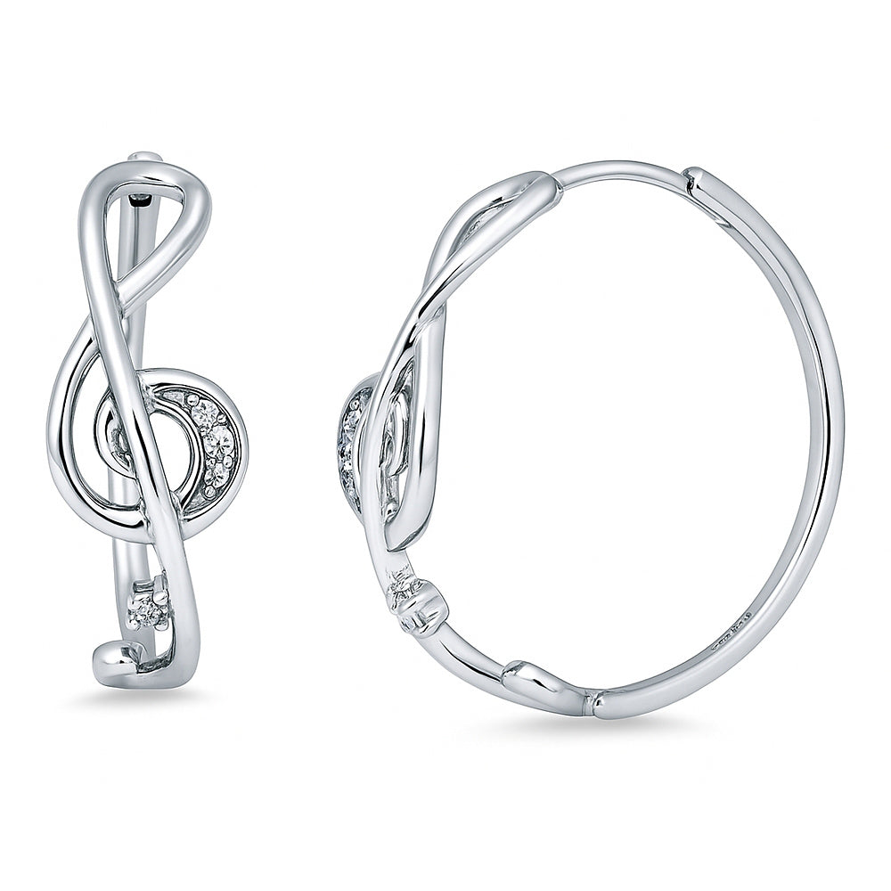 Treble Clef Music Note CZ Hoop Earrings in Sterling Silver 0.9 inch, 1 of 6