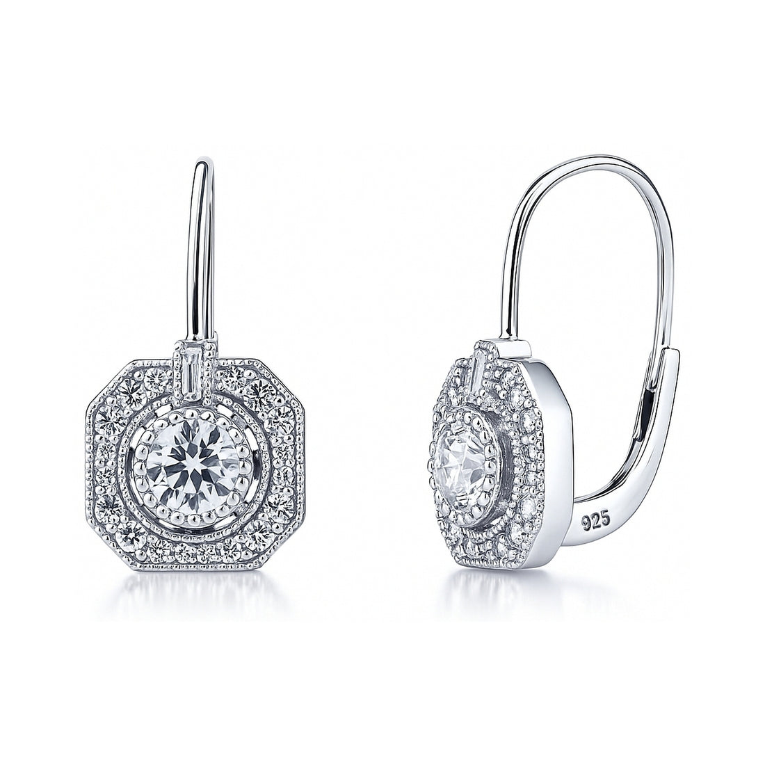Art Deco CZ Leverback Earrings in Sterling Silver