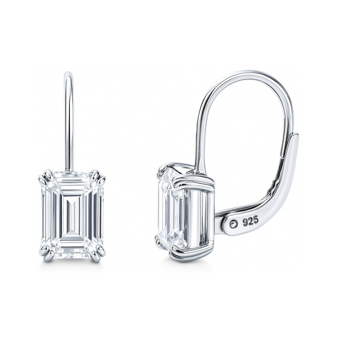 Solitaire Emerald Cut CZ Leverback Earrings in Sterling Silver