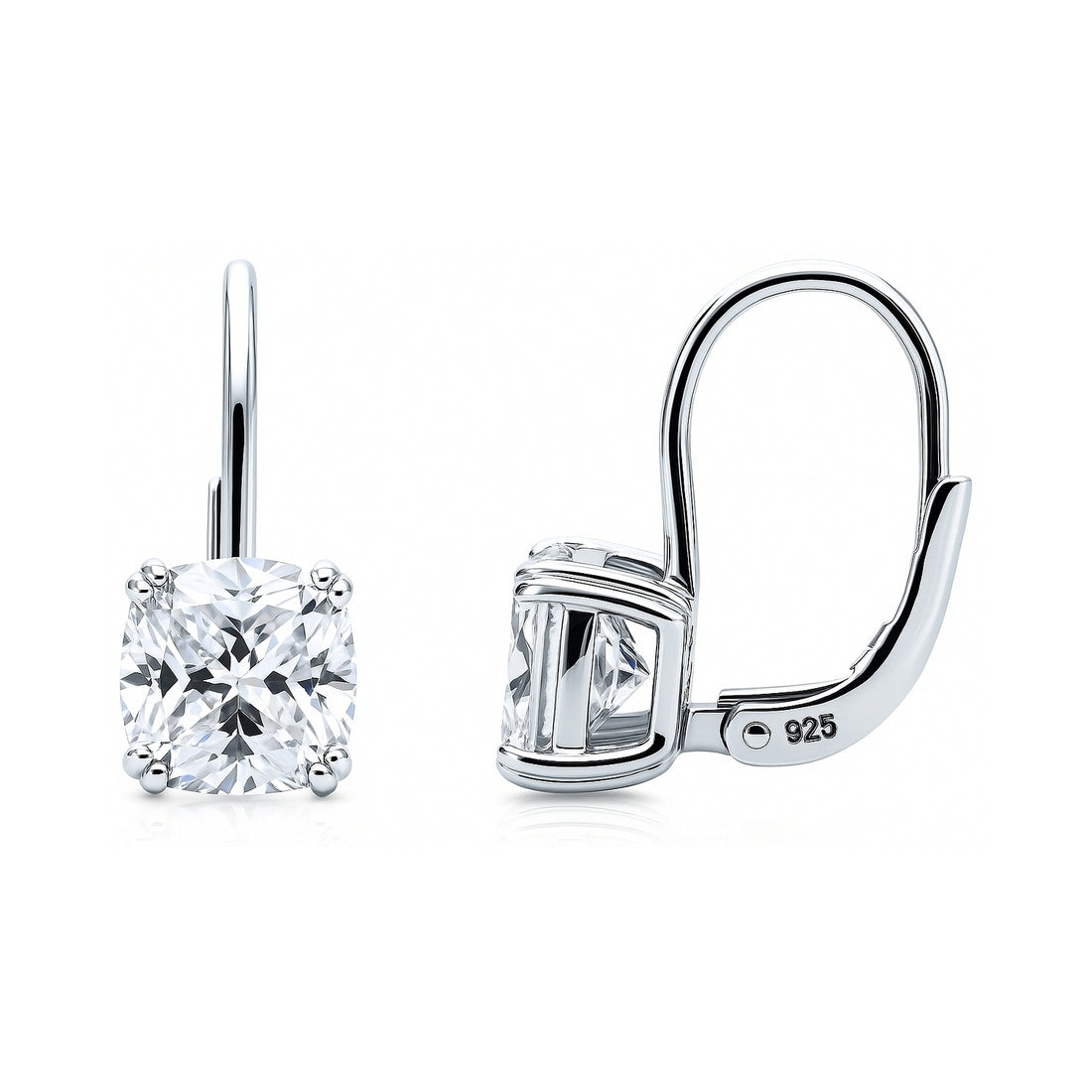 Solitaire 4ct Cushion CZ Leverback Earrings in Sterling Silver