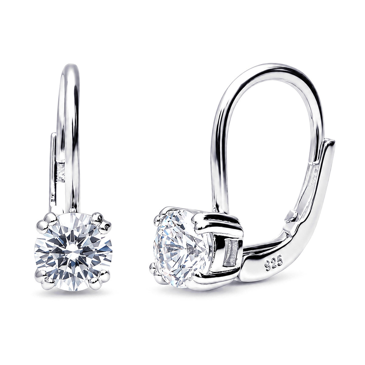 Solitaire CZ Leverback Earrings in Sterling Silver, Rhodium Plated / 5mm